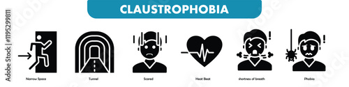 Claustrophobia banner web icon vector illustration concept with icon of narrow space, tunnel, scared, heart beat, shortness of breath, phobia