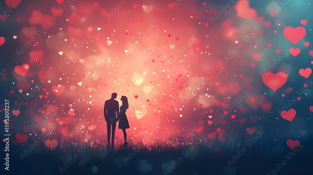 Fototapeta premium Silhouetted Couple Embracing Beneath Starry Skies Surrounded by Glowing Hearts and Ethereal Sparkles