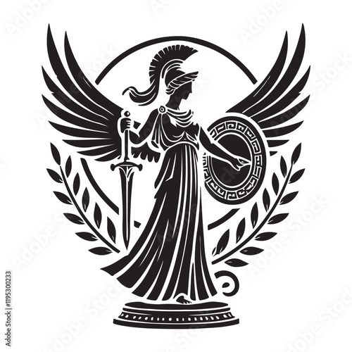 Athena's Aegis Silhouette Vector Illustration, Solid White Background.