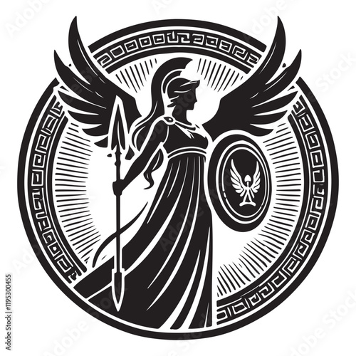 Athena's Aegis Silhouette Vector Illustration, Solid White Background.