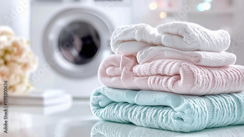 stack of baby clothes with washing machine photo