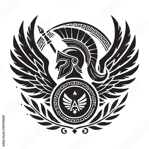 Athena's Aegis Silhouette Vector Illustration, Solid White Background.