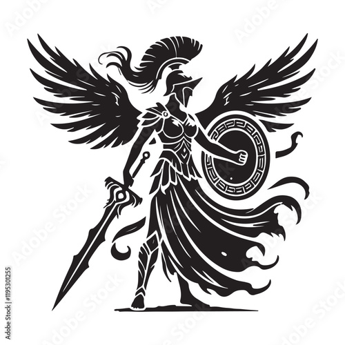 Athena's Aegis Silhouette Vector Illustration, Solid White Background.