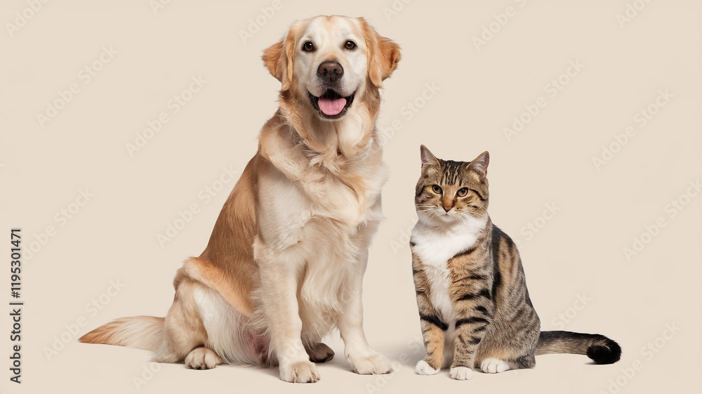 Fototapeta premium Golden Retriever Dog and Tabby Cat Sitting Together