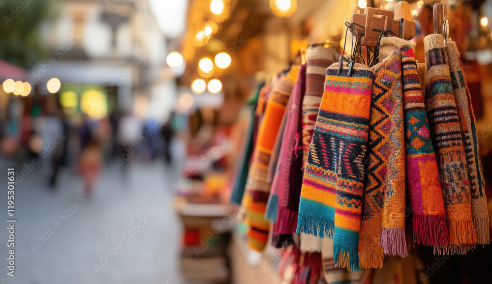 Fototapeta premium Colorful market stall with woven fabrics featuring