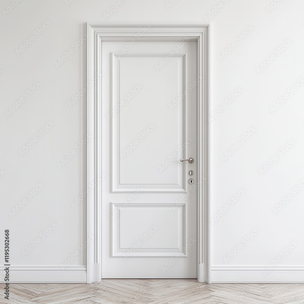 Elegant White Interior Door in Modern Apartment Setting, Clean Minimalist Design, Simple and Sophisticated Home Decor, White Walls, Wood Floor Elegant White Interior Door in Modern Apartment Setting, Clean Minimalist Design, Simple and Sophisticated Home Decor, White Walls, Wood Floor