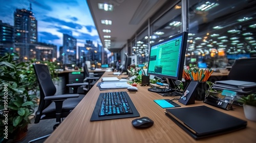 Wallpaper Mural Modern Office Workspace  Night City View  Desk  Computer  Keyboard Torontodigital.ca