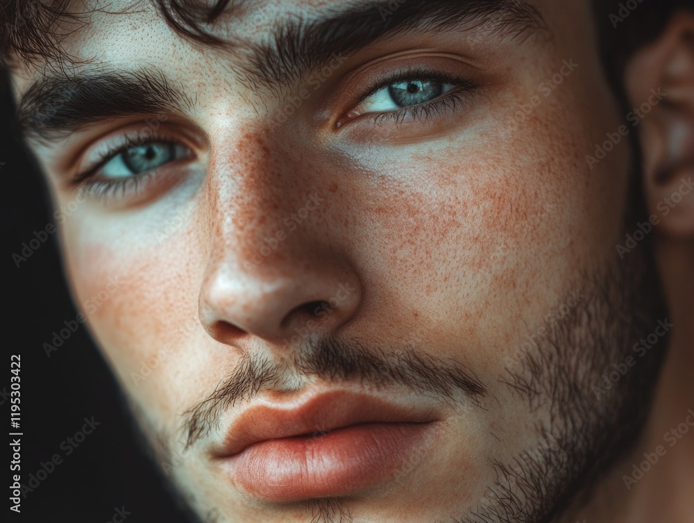 Fototapeta premium A modern and stylish portrait of a young man with blue eyes, showcasing a sultry gaze.