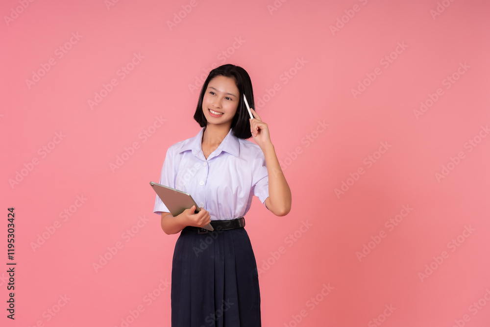 In the quiet of a studio, an Asian schoolgirl works on a laptop to solve complex equations, seeing each problem as an opportunity to practice her skills and expand her knowledge. In the quiet of a studio, an Asian schoolgirl works on a laptop to solve complex equations, seeing each problem as an opportunity to practice her skills and expand her knowledge.