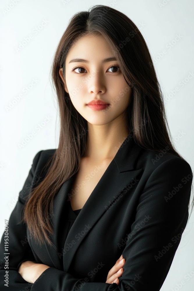 A young Asian woman in a professional black suit standing confidently with her hands on her hips. A young Asian woman in a professional black suit standing confidently with her hands on her hips.