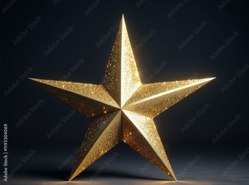 Shimmering golden star with a textured surface illuminated against a dark background Shimmering golden star with a textured surface illuminated against a dark background