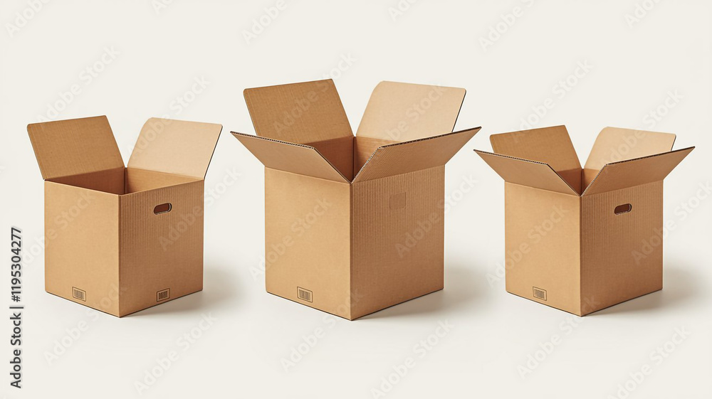 Three Open Cardboard Boxes Shipping Packaging Delivery Empty Cartons Three Open Cardboard Boxes Shipping Packaging Delivery Empty Cartons