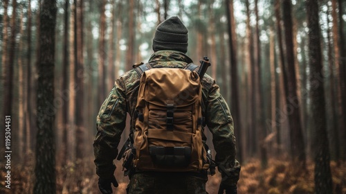 The image depicts a person wearing camouflage clothing and a beanie, s photo