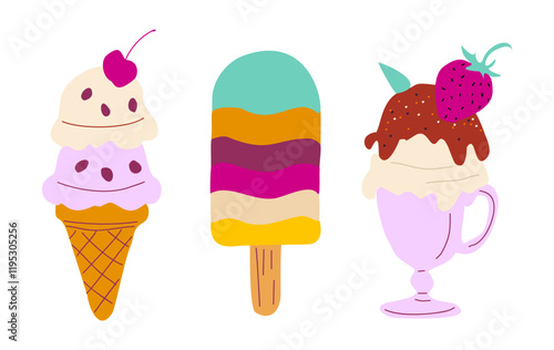 Set of delicious ice cream of various type. Tasty frozen creamy desserts decorated with chocolate glaze and fruits. Flat cartoon colored illustration isolated on transparent background