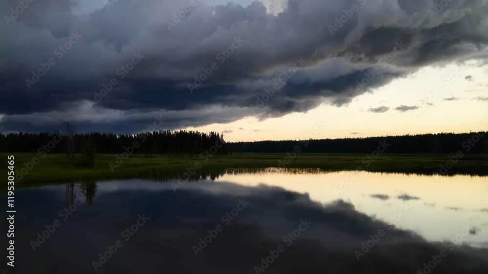 Dramatic sunset over a tranquil lake, reflecting dark clouds and silhouetted trees. Dramatic sunset over a tranquil lake, reflecting dark clouds and silhouetted trees.