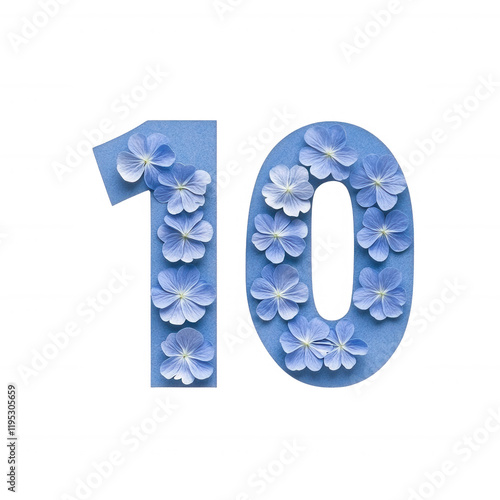 A vibrant floral arrangement forming the number ten with blue hues and petals. photo