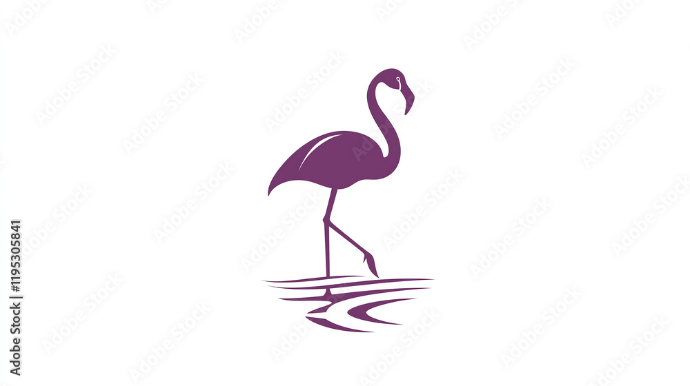 Obraz premium stylized purple flamingo silhouette stands in shallow water its reflection subtly mirrored below Simple elegant design minimal background