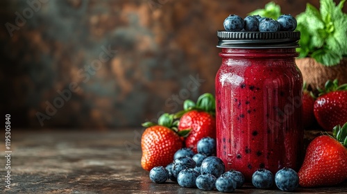 Freshly made berry smoothie in a jar surrounded by strawberries and blueberries on a rustic table