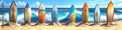 Vibrant Surfboards on Sandy Beach Against Ocean Waves - Ideal Summer Coastal Wallpaper for Surfing Enthusiasts and Tropical Beach Lovers
