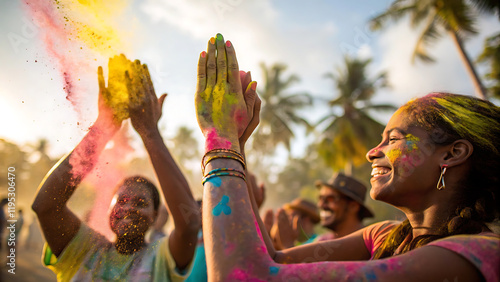Celebration of holi in guyana with hands drenched in vibrant colors.