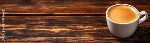 A steaming cup of coffee on a rustic wooden table, showcasing warmth and comfort. photo