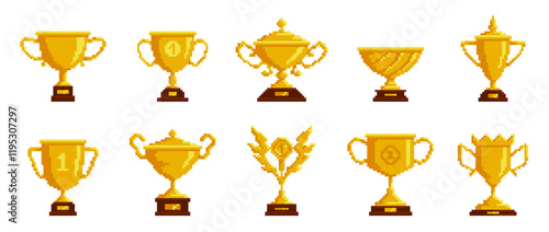 Winner golden cups. Pixel 8 bit game sprites, trophy goblets, mobile app elements, victory symbols, yellow first place awards. Championship and tournament win nowaday vector isolated set