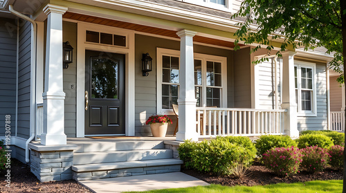 Elegant Gray House Exterior with White Columns and Landscaping