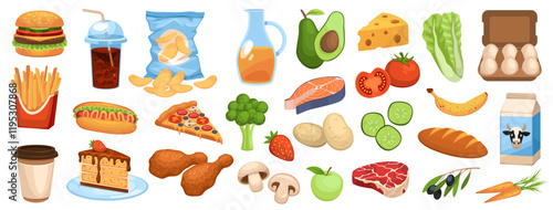 Healthy and junk food. Fast, fried, fatty, carbohydrates, natural organic nutrition, proteins, fruits, vegetables and fish, different meal choice, cartoon flat isolated tidy vector set