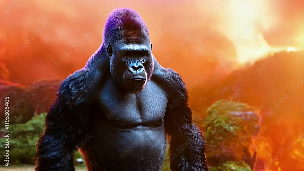 Majestic gorilla stands strong amidst fiery explosion in vibrant landscape