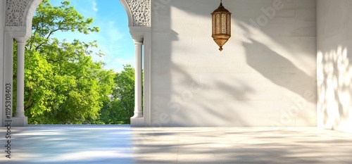 Serene courtyard, arched entry, garden view, sunlight. Peaceful, calming stock image photo