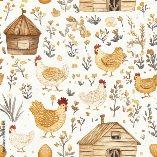 Charming doodle of chickens and farmhouses surrounded by flowers and eggs in a whimsical pattern photo