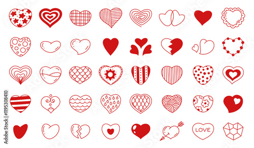 Doodle valentines day hearts. Red love symbols, romantic holiday icons elements, different shapes and decorative patterns, hand drawn simple decor signs, vector isolated minimal pencil set