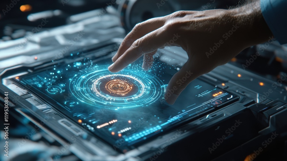 Obraz premium An engineers hand hovering over a dashboard fragment that features predictive analytics with warning indicators highlighting potential issues in machine operations.