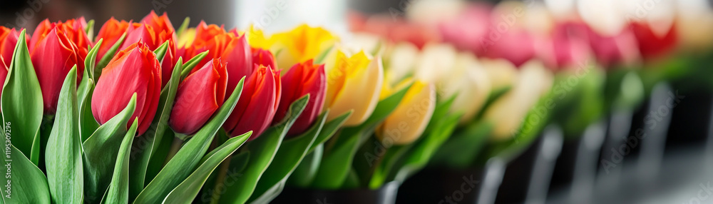 A vibrant display of colorful tulips arranged in a neat row, showcasing nature's beauty. A vibrant display of colorful tulips arranged in a neat row, showcasing nature's beauty.