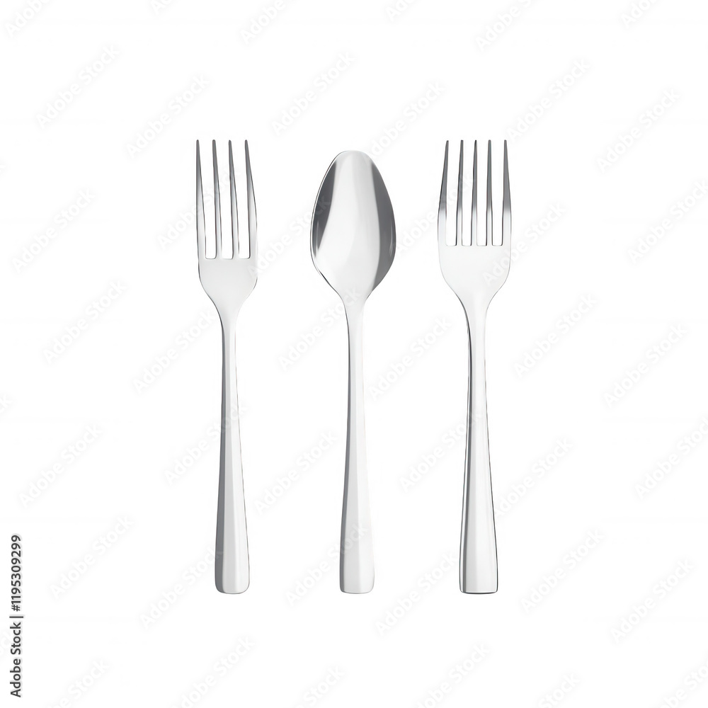 Elegant set of silverware including forks and spoon arranged for dining experience., isolated on a transparent background. Elegant set of silverware including forks and spoon arranged for dining experience., isolated on a transparent background.