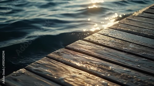 Wooden dock meeting sunlit water.