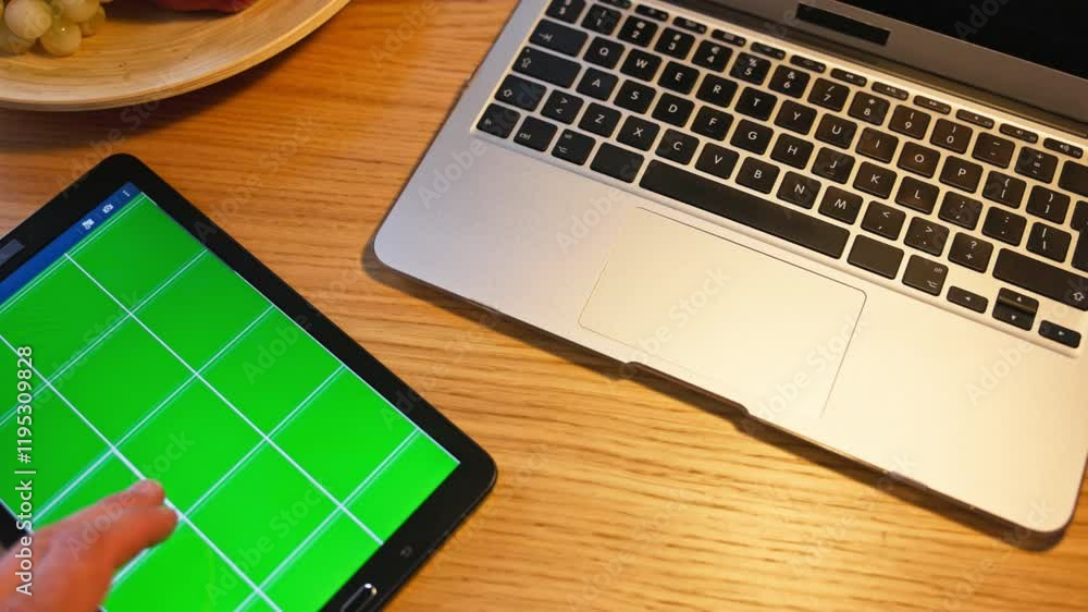 A modern workspace featuring a laptop and a tablet elegantly positioned on a wooden table A modern workspace featuring a laptop and a tablet elegantly positioned on a wooden table