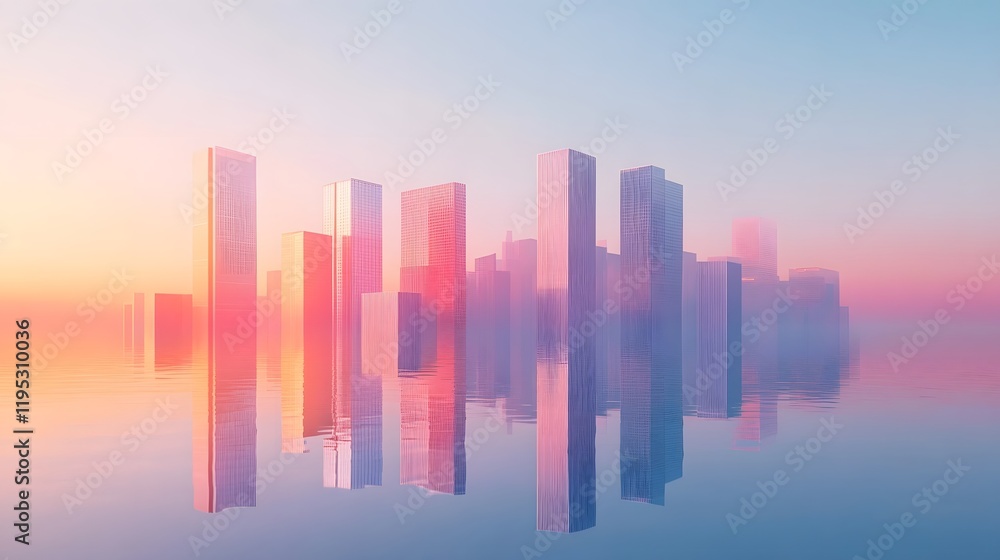 Fototapeta premium Captivating Cityscape Reflection at Sunset Urban Skyline with Towering Skyscrapers