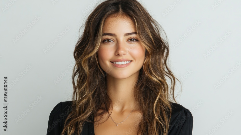Fototapeta premium Smiling woman with wavy hair in a black top, set against a light background, exuding confidence