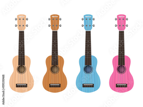 Ukulele realistic vector illustration. Set of acoustic classic hawaiian guitar with four strings in different colors. vector illustration