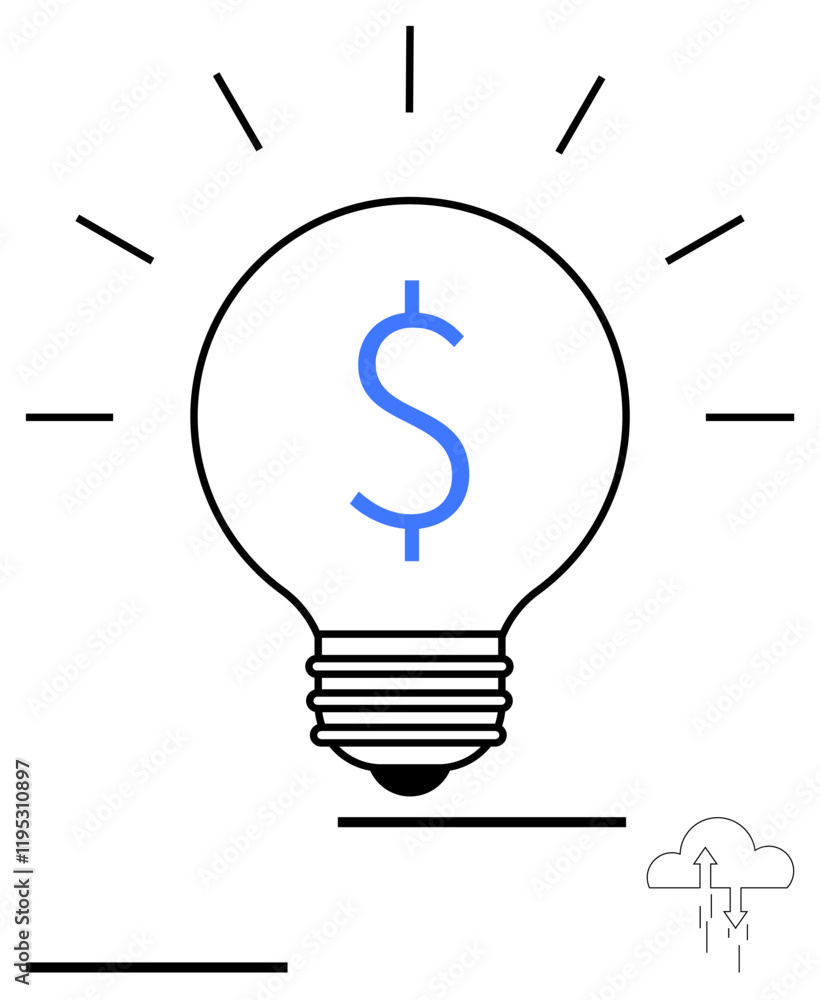 Light bulb with dollar sign radiating lines of light, small cloud with upward arrows symbolizing growth. Ideal for finance, innovation, business ideas, investment, strategy, startups, success Light bulb with dollar sign radiating lines of light, small cloud with upward arrows symbolizing growth. Ideal for finance, innovation, business ideas, investment, strategy, startups, success