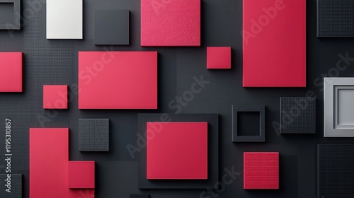 Abstract arrangement of geometric shapes in red and black tones.