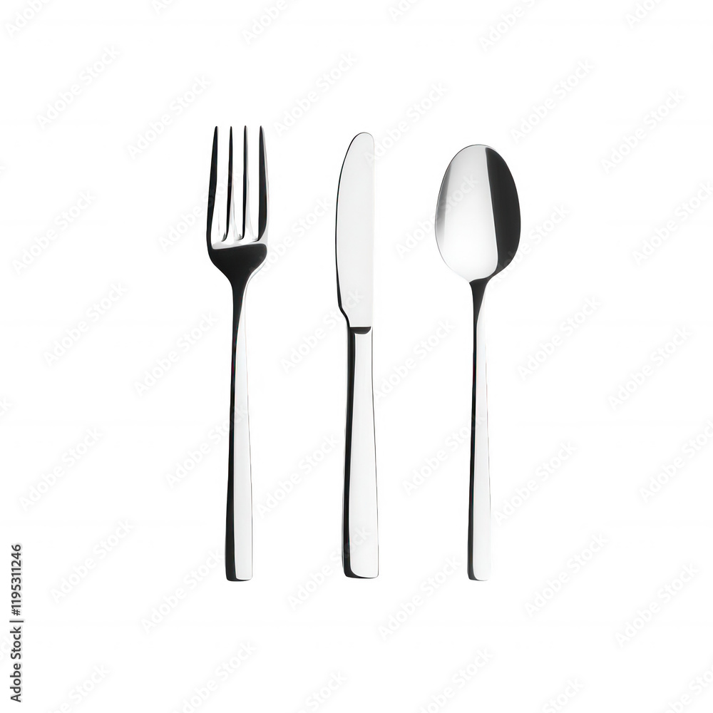 Minimalistic silver cutlery set including fork, knife, and spoon on a clean background., isolated on a transparent background. Minimalistic silver cutlery set including fork, knife, and spoon on a clean background., isolated on a transparent background.