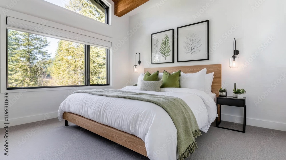 Fototapeta premium Cozy and modern bedroom with a large window, a king-size bed with white bedding and green accents, two framed botanical prints hanging on the wall, and a bedside table with a lamp