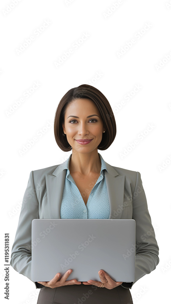 Portrait of a Woman Career Consultant Holding a Closed Laptop in Her Hands on a Transparent Background Portrait of a Woman Career Consultant Holding a Closed Laptop in Her Hands on a Transparent Background