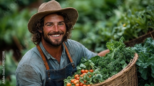 Smiling farmer in straw hat holds basket of fresh vegetables in vibrant green farm setting