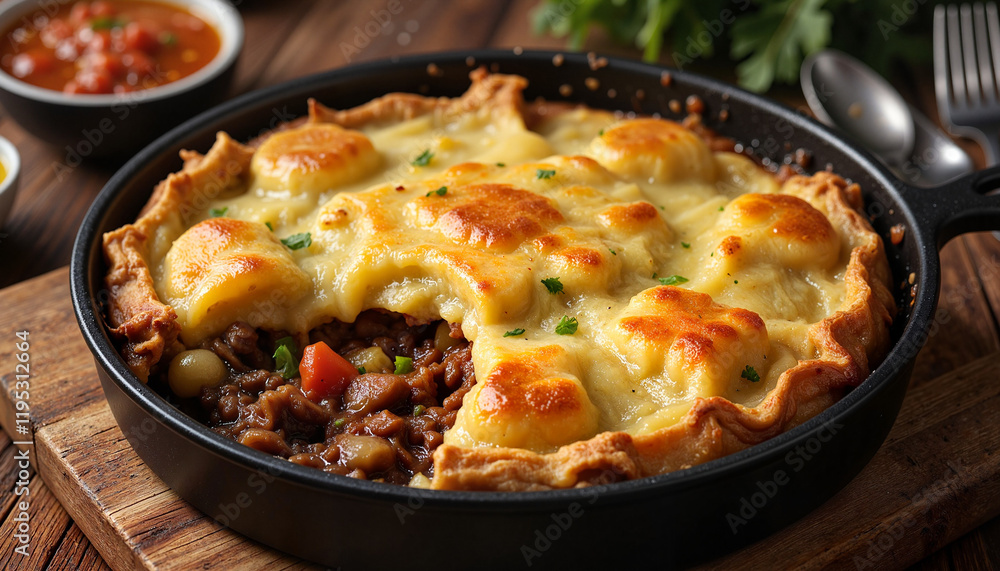 Delicious Irish shepherd's pie, hearty and comforting, served in a skillet for St. Patrick's Day Delicious Irish shepherd's pie, hearty and comforting, served in a skillet for St. Patrick's Day