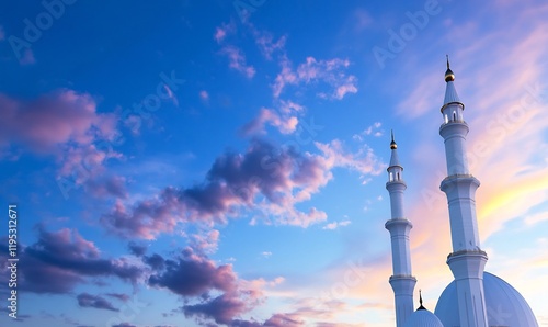 Majestic Mosque Minarets Silhouetted by a Vibrant Sunset Sky photo