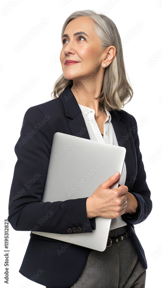 Portrait of a Woman Career Consultant Holding a Closed Laptop on a Transparent Background Portrait of a Woman Career Consultant Holding a Closed Laptop on a Transparent Background