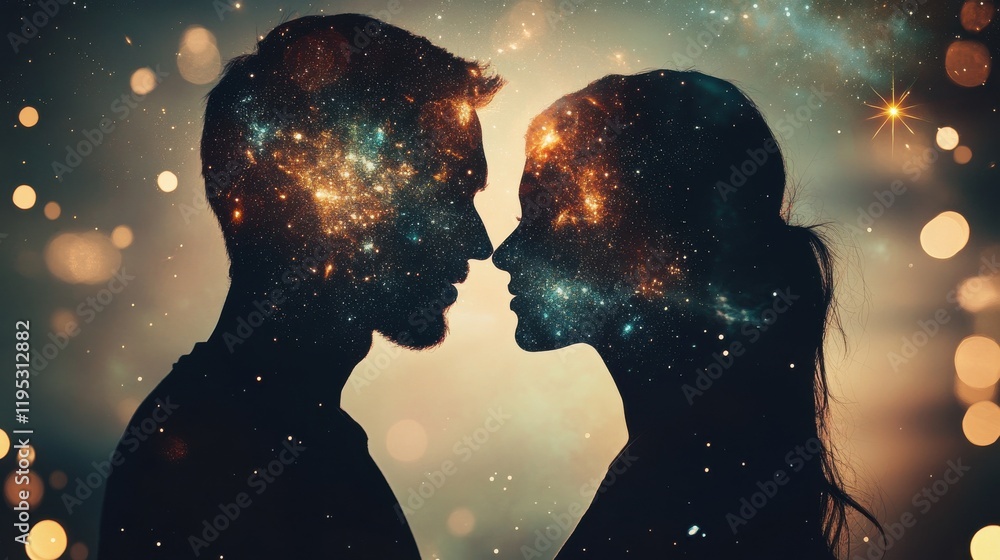 Couples silhouettes create a dreamy connection under a galaxy of stars in a romantic setting Couples silhouettes create a dreamy connection under a galaxy of stars in a romantic setting